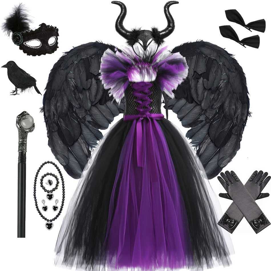 Halloween Witch Dress Girl Evil Queen Cosplay Costume Handmade Knitted Tulle Tutu Ruffles Floor Length Princess Outfits Z250725