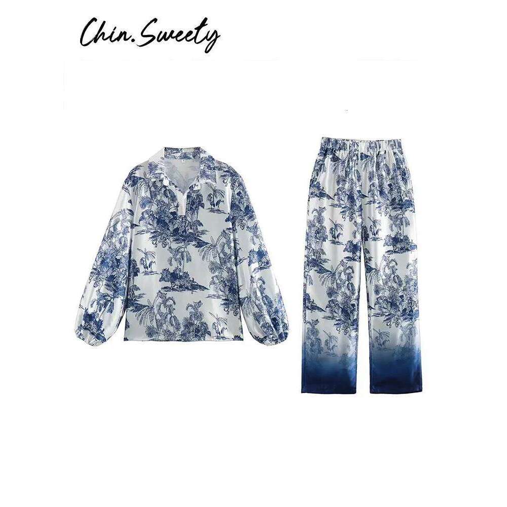 Designer Leisure High Quality Vintage Tie Dye Print Shirt Pants Women Set Long Lantern Sleeve Button Shirts Empire Pleated Pant 2025 Spring Summer Lad