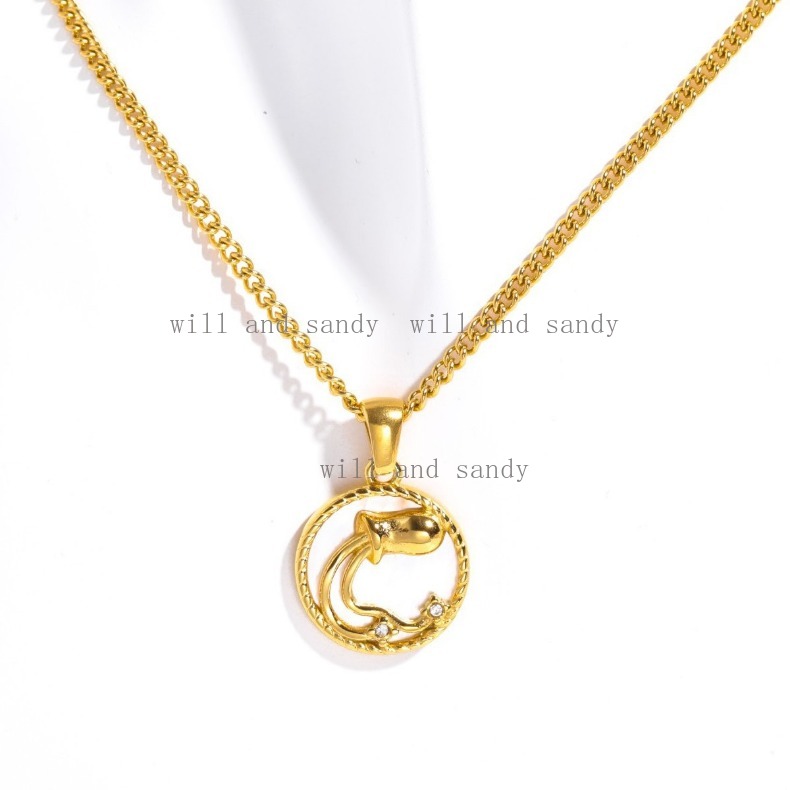 18k Gold Zodiac Sign Necklace Gold Chain Designer Jewelry Cubic Zircon Waterproof Stainless Steel Horoscope Sign Coin Charm Necklaces for Woman Gift F