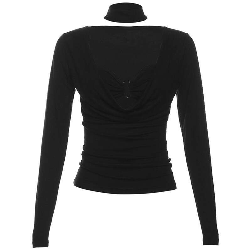 2023 Autumn New Women's Solid Color Sexy Long Sleeve Low-Cut Waist-Tie T-Shirt 751