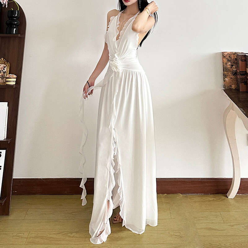 2025 Spring New Women's Solid Color Slim High Waist Fashion Halter Sexy Backless Dress 70e
