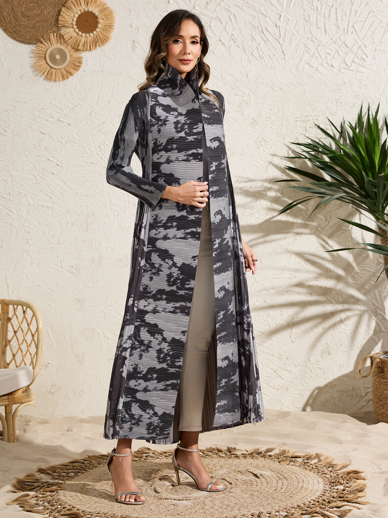 Long robe coat Ethnic Clothing The Middle Eastern printed pleated robe coat is elegant in Arab style NZ020