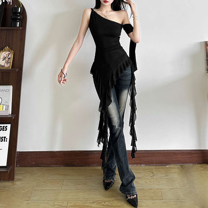 2025 Spring New Women's Fashion Solid Color Slim Street Style One-Shoulder Asymmetrical Neck Sleeveless Top 9a2