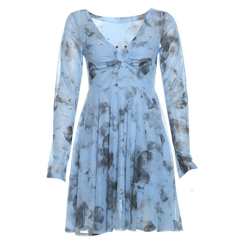 2024 Autumn New Women's Solid Color Slim Fit Fashion V-Neck High Waist Long Sleeve Dress eef