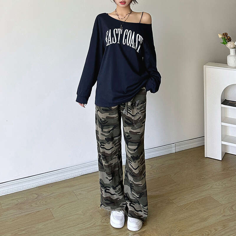 2024 Autumn New Women's Solid Color Loose Street Style Fashion Asymmetrical Neck Printed Long Sleeve Top 1e4