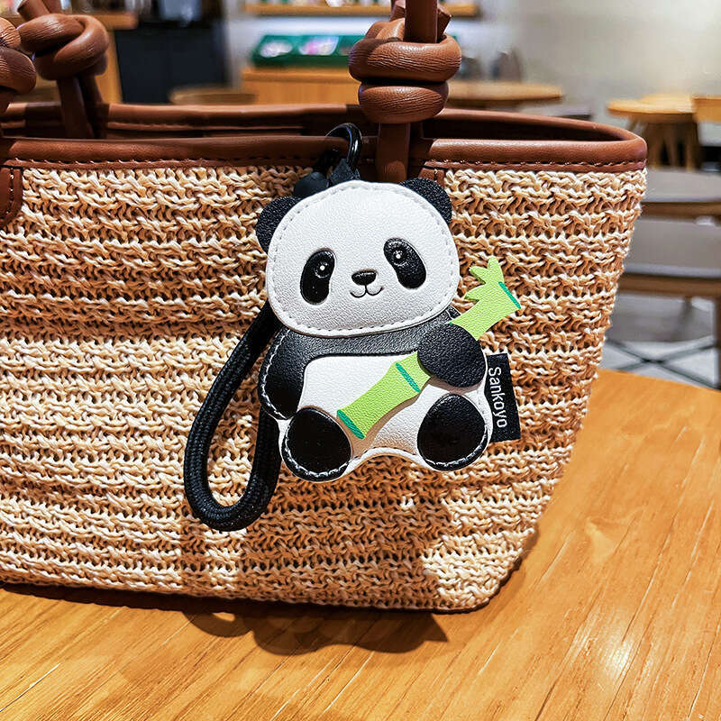 Genuine Panda Keychain Cute Cartoon Flower Holding Bamboo Leather Couple Bag Pendant Small Gift