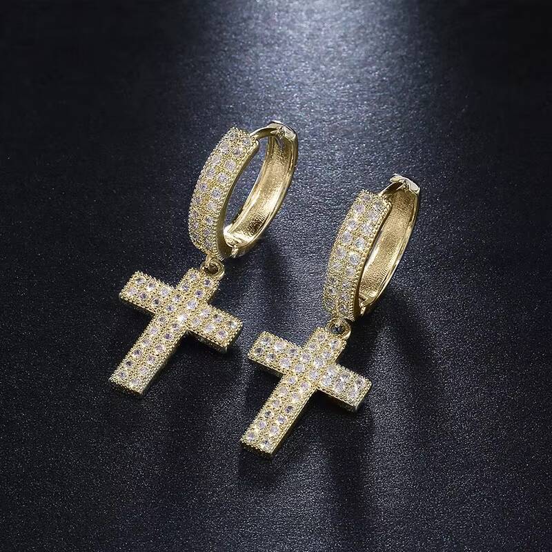 High Quality Hoop Cross Stud VVC MOISSANITE Earrings Male 925 Sterling Silver Earring Jewelry Luxury Punk Cross Earrings