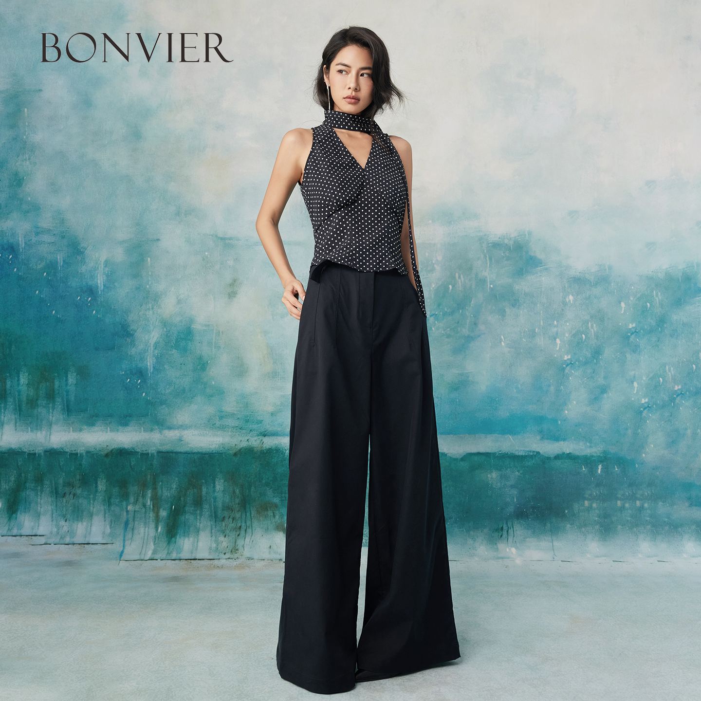 2025 Summer New Polka Dot Tank Top Women's Zipper Fashionable All-match V-neck Slim Fit Top 6112832