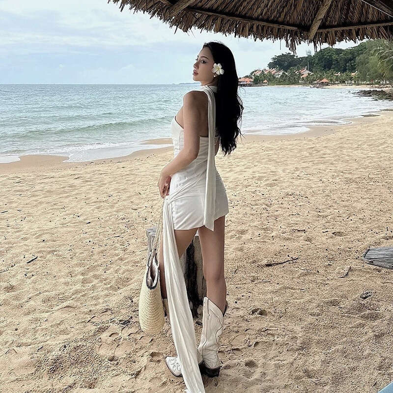 2023 Summer New Women's Solid Color Slim High Waist Fashion Off-Shoulder Halter Dress 399