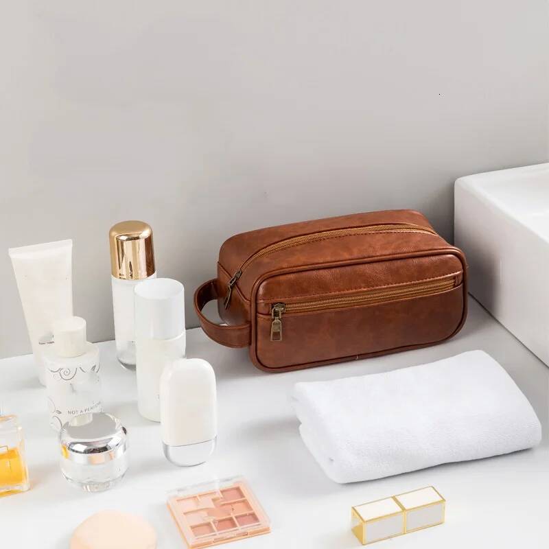 Men Vintage PU Leather Toiletry Travel Necessary Business Cosmetic Makeup Cases Male Hanging Double Layered Wash Bag