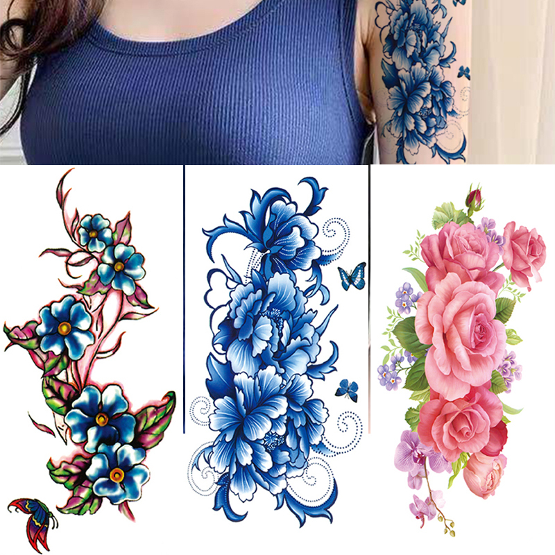 3Pcs Waterproof Temporary Tattoo Sticker Flower Rose Flash Butterfly Lace Lady Body Art Arm Fashion Fake Sleeve Women