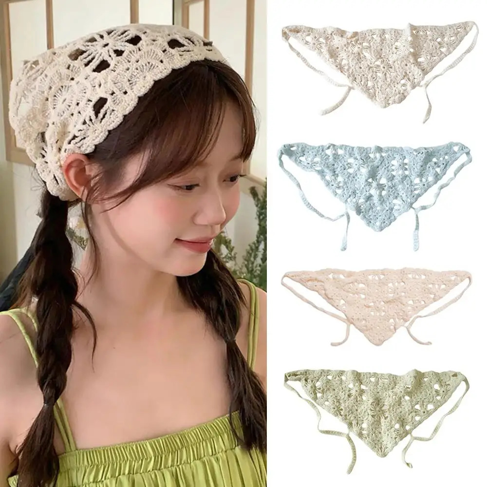 French Style Triangle Scarf Hat Knitted Headscarf Hollow Headband Towel Girl Hair Bands For Summer Travel Po Hair Accessories 250723