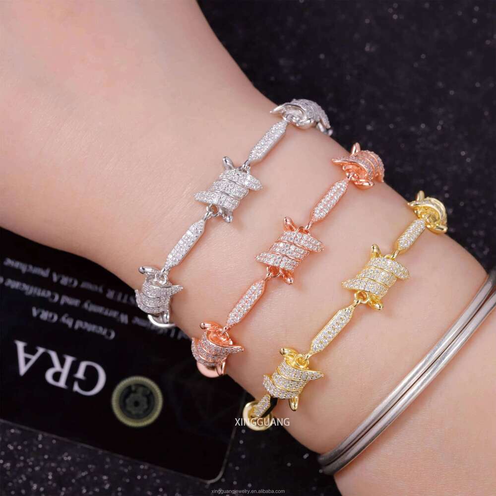 Fashion Gold Plated Men Women 8MM Spiked VVS Moissanite Chains S Sterling Sier Knots Link Cuban Bracelet Jewelry