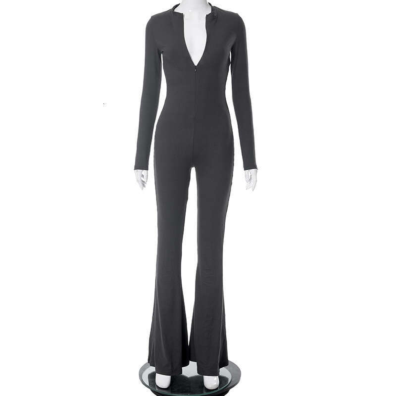 M23jp494 Women's Autumn New Solid Color Round Neck Zipper Slim Fit Flared Long Jumpsuit Casual Pants B5