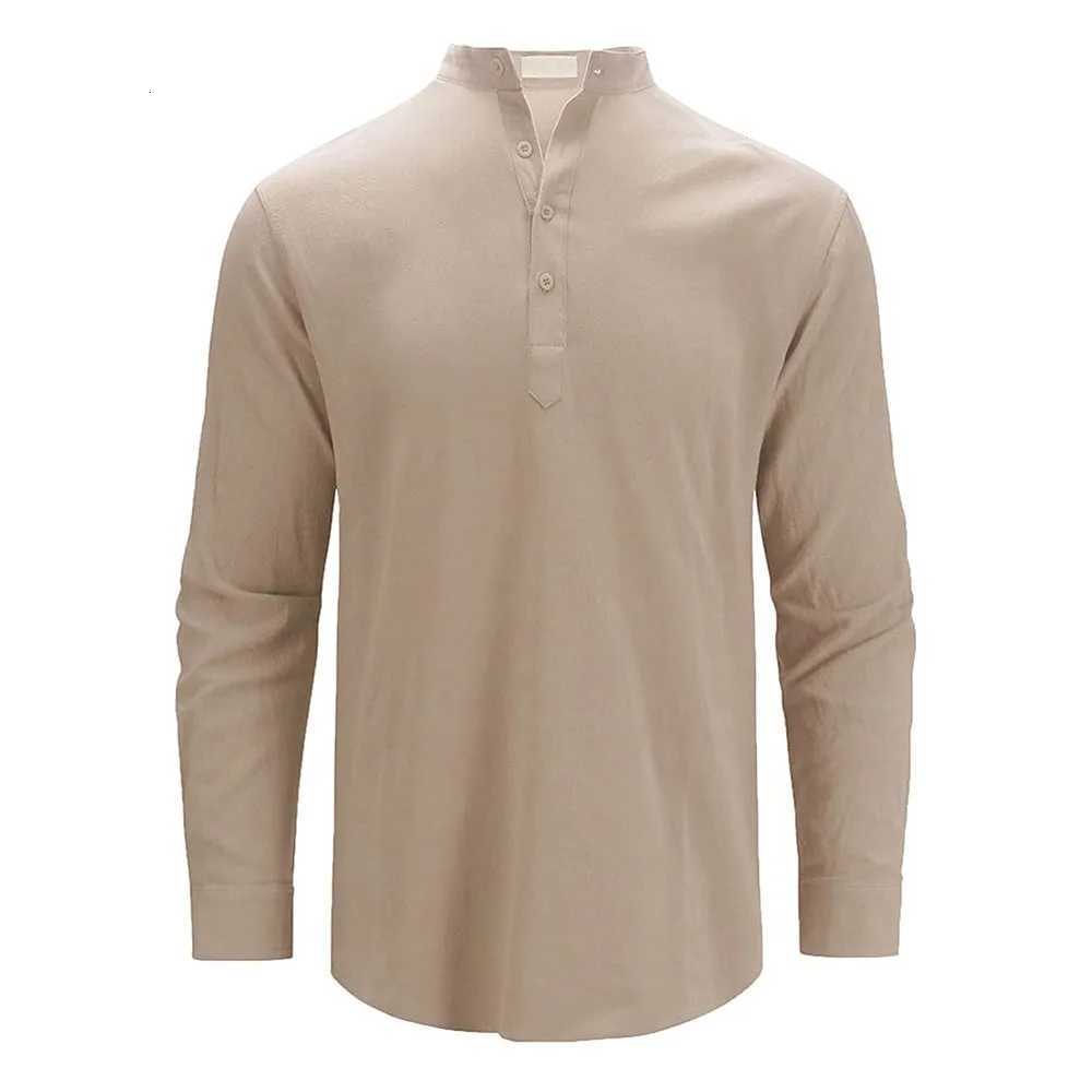 Spring Summer Mens Cotton Linen Polo Shirts Casual Long Sleeve Lightweight Henley Neck Solid Color Tops Hawaiian Beach Shirts XJ250725