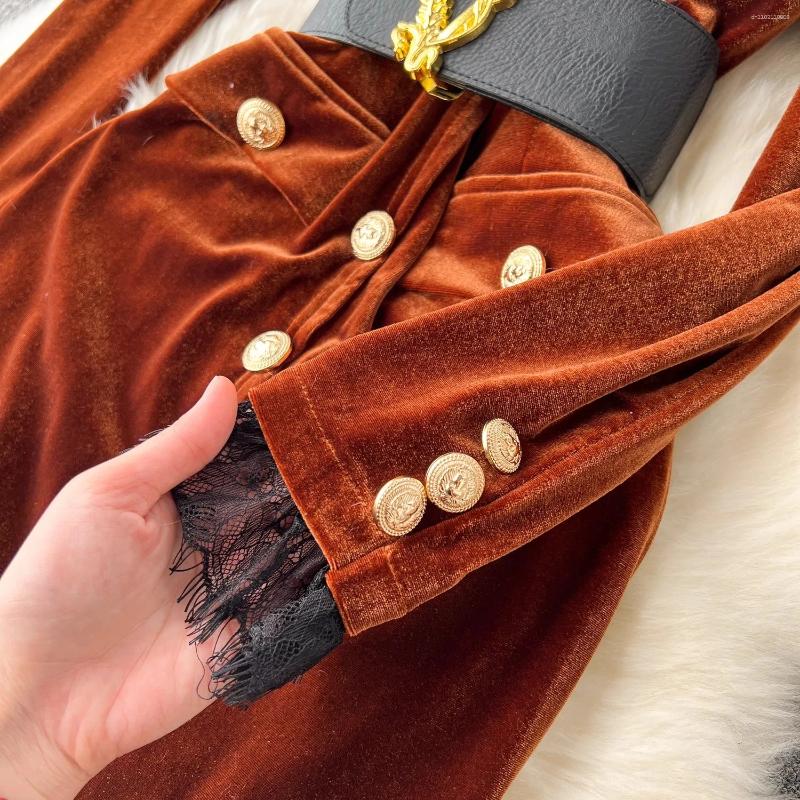 Lanjia- Casual Dresses Autumn Elegant V-Neck Veet Dress Women Long Sleeve Fashion Metre Buttons Split Sheath Bodycon Office Party Pencil Vestidos A669