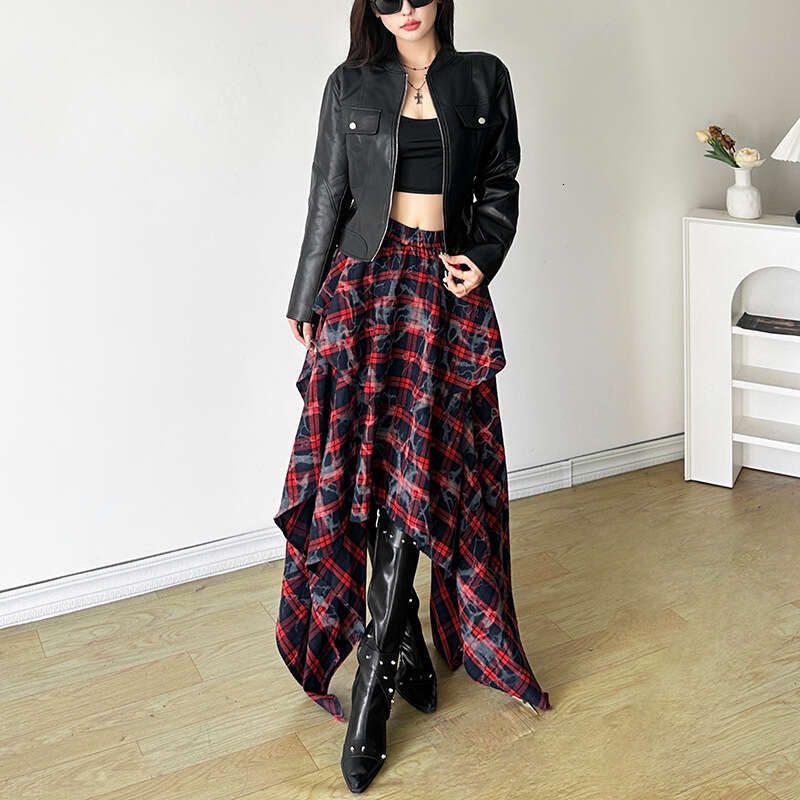2024 Autumn New Women's Solid Color Zipper Long Sleeve Jacket Fashion High Waist Plaid Skirt 2ba