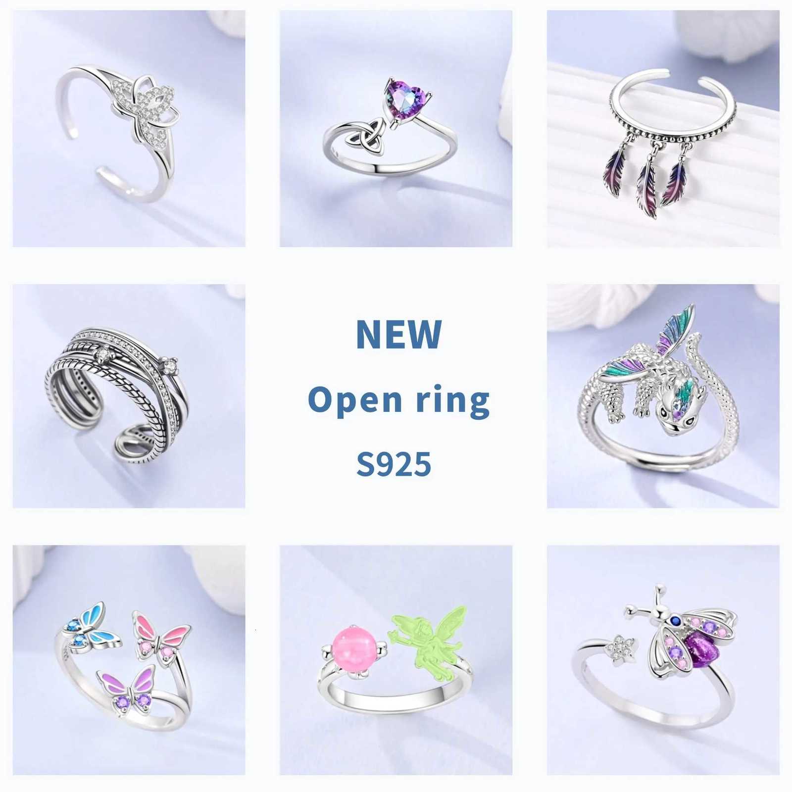 Womens Clover Ring Original 925 Silver Zircon Adjustable Skull Butterfly Flower Finger Open Ring Birthday Jewelry Gift W250417