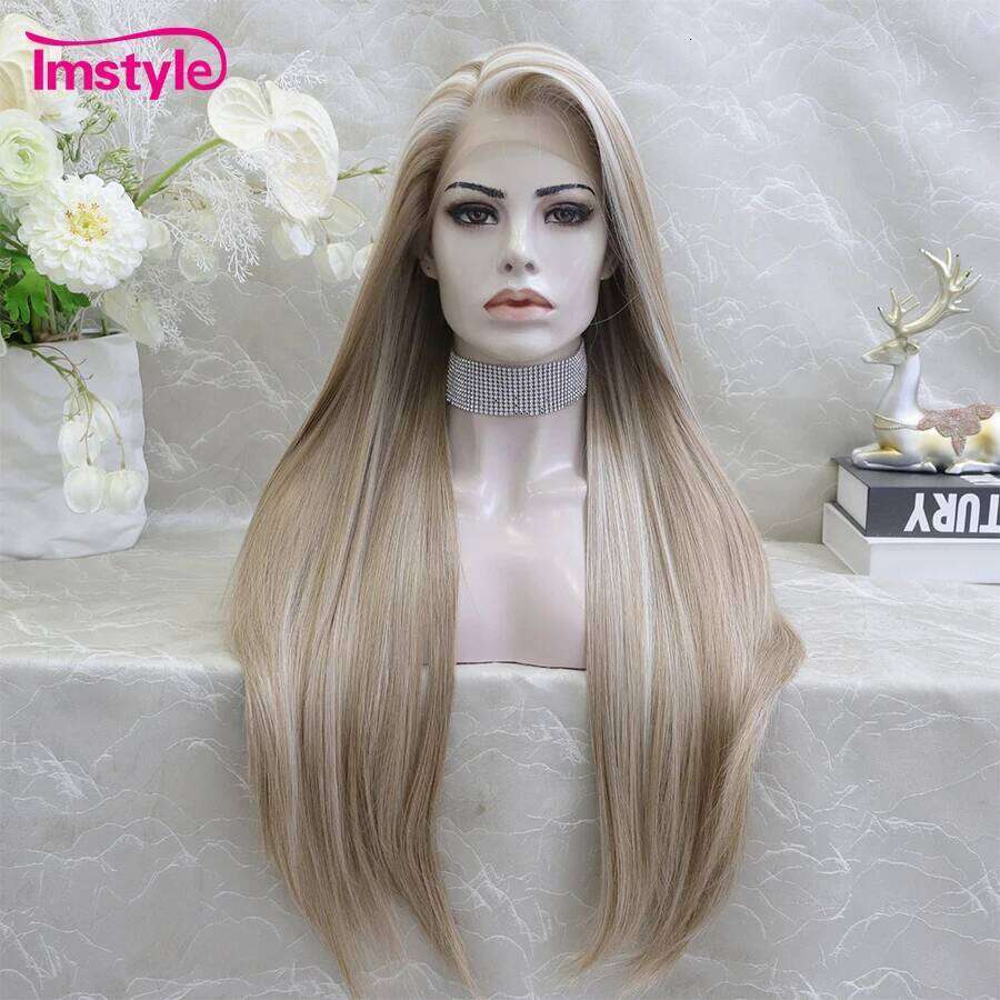 Imstyle Synthetic Lace Front Brown Wig Highlight Platinum Straight Hair Long For Women Heat Resistant Daily Wigs