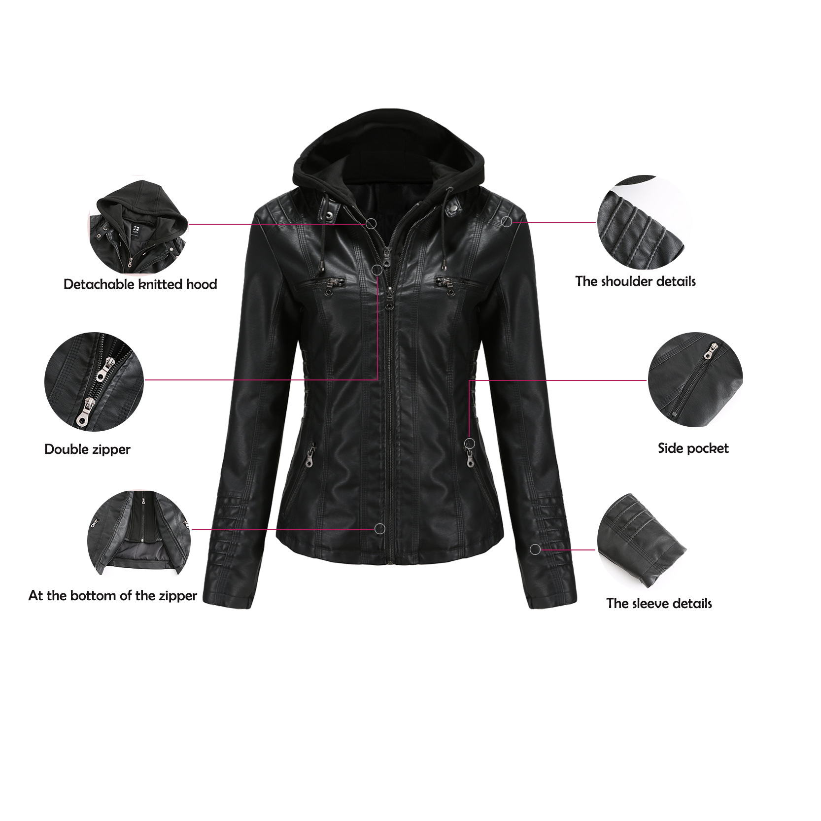 Two-piece hooded leather jacket detachable large-sized leather jacket for women coat PU washed leather cloth plus size XS-7XL