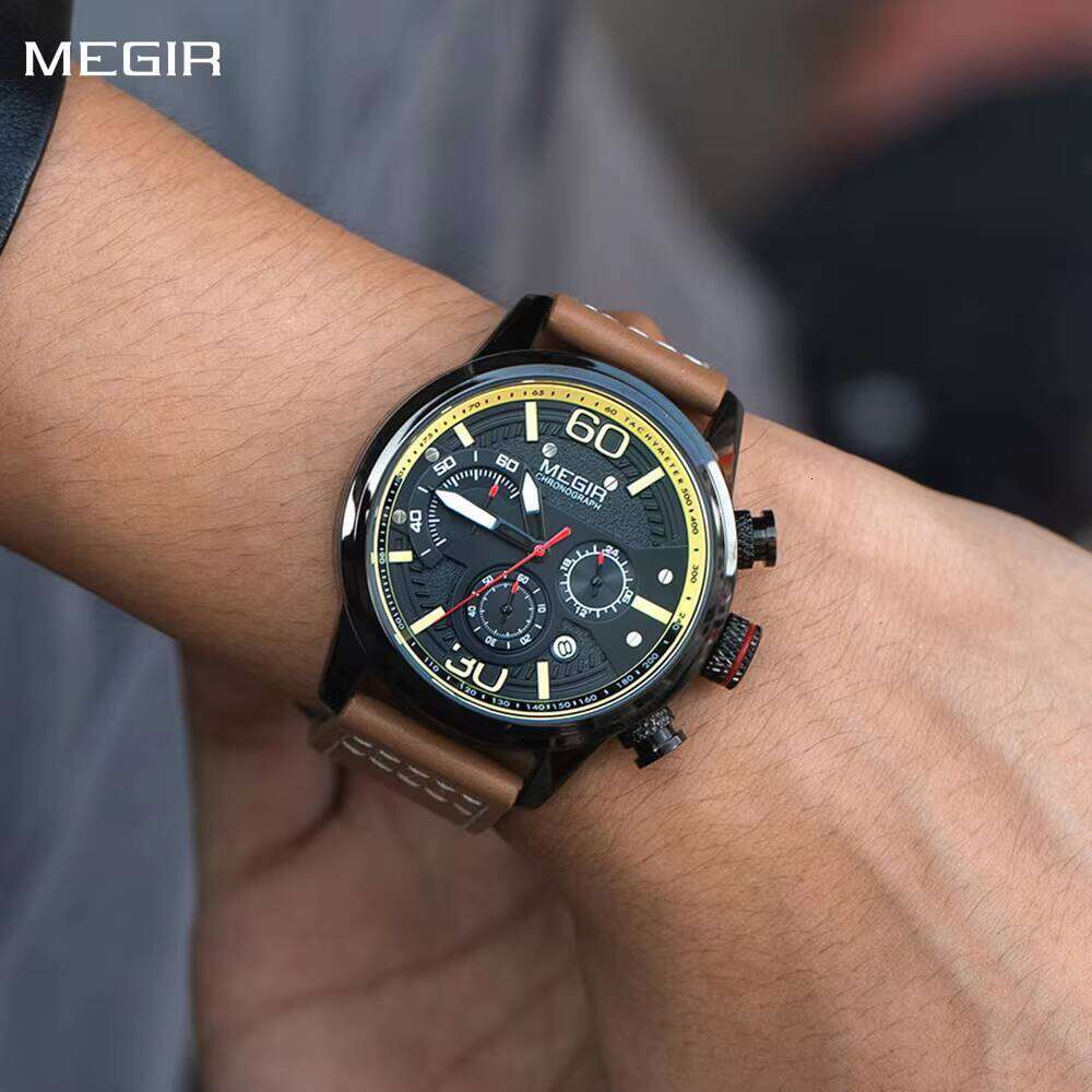 MEGIR Men's Oversized Chronograph Watch - 53mm Genuine Leather, Waterproof, Luminous - Bulk Wholesale Watches