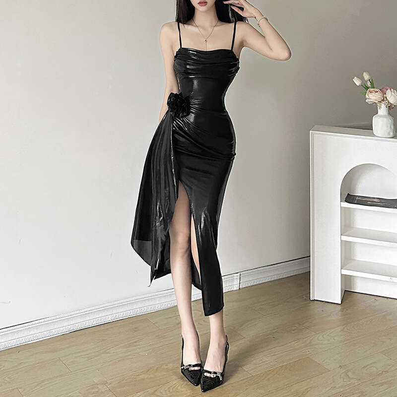 2024 Summer New Women's Solid Color Sexy Strap High Waist Bodycon Slit Dress ce1