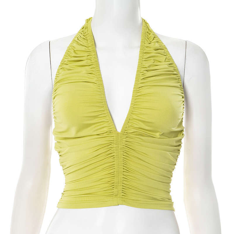 Ytp1 Women's Summer New Solid Color Halter V-Neck Ruched Backless Camisole B5