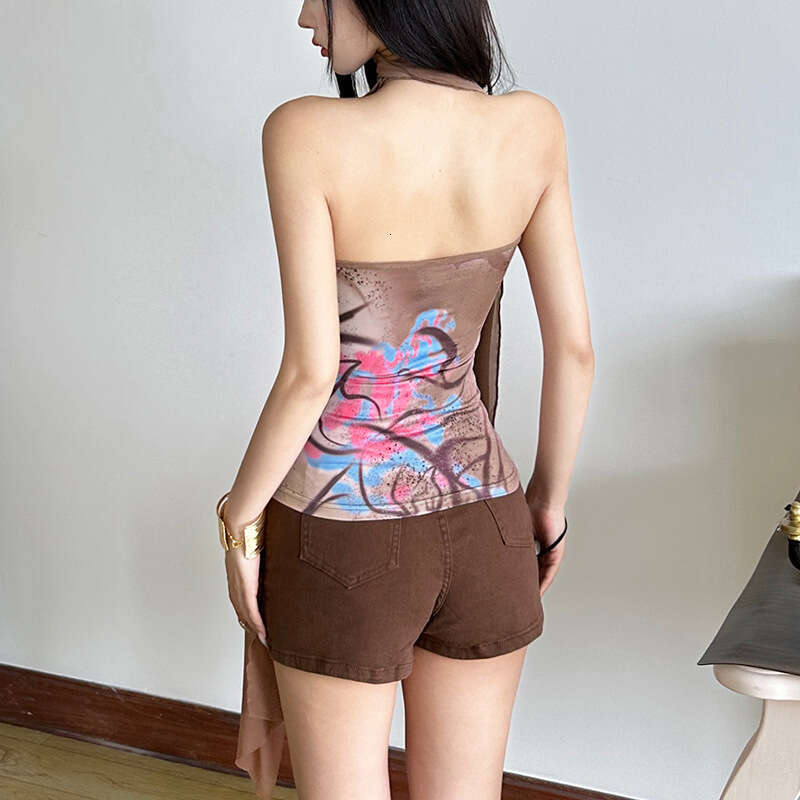 2025 Summer New Fashion Sexy Halter Neck Backless Slim Mesh Versatile Top for Women dee