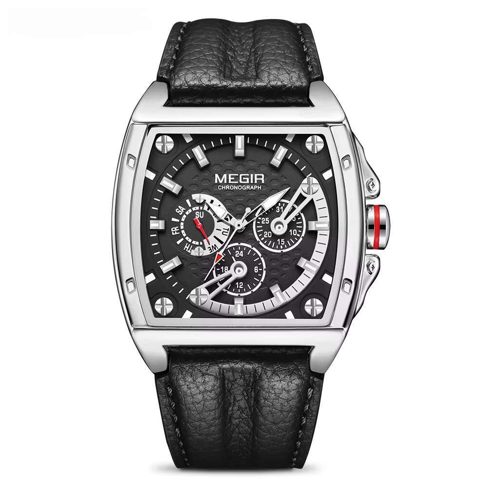 DHwatches MEGIR Men's Tonneau Watch - Chronograph, Luminous, 30M Waterproof, Leather Strap, Sporty Quartz Wristwatch