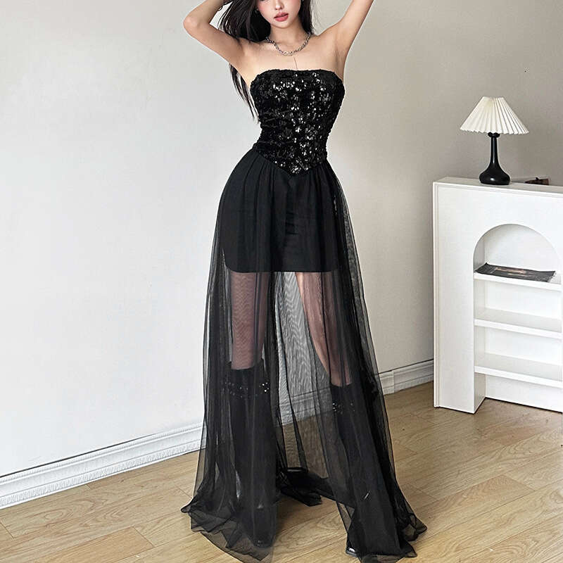 2023 Autumn Winter New Women's Solid Color Slim Fit High Waist Fashion Off-Shoulder Tube Dress e6b