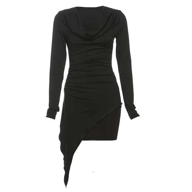 2025 Spring New Women's Solid Color Slim Fit Fashion Square Neck Long Sleeve Irregular Dress 813