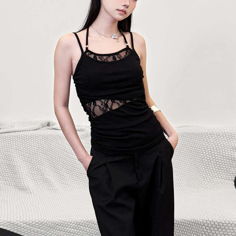 Women's Clothing 2025 Spring Summer New Solid Color Sexy Strap Slim Fit Ruched Mesh Camisole 0ff