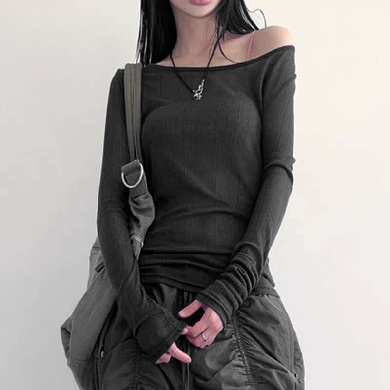 2023 Summer New Women's Fashion Solid Color Sexy Off-Shoulder Long Sleeve T-Shirt 1d3