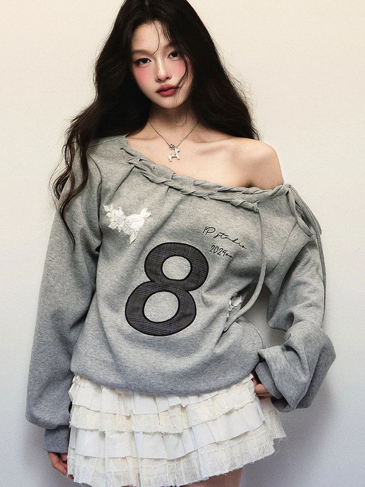2K Streetwear Gray Sweatshirts Women Off Shoulder Loose Letter Pullovers Harajuku Retro Female Casual American Tops 250723
