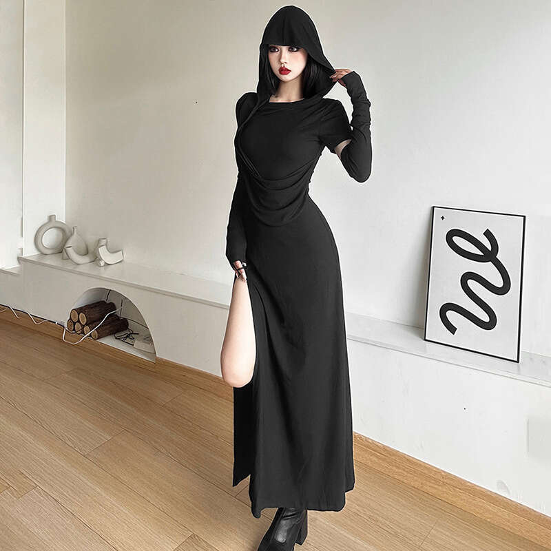 2023 Autumn New Women's Solid Color Slim High Waist Fashion Hooded Long Sleeve Split Dress a4e