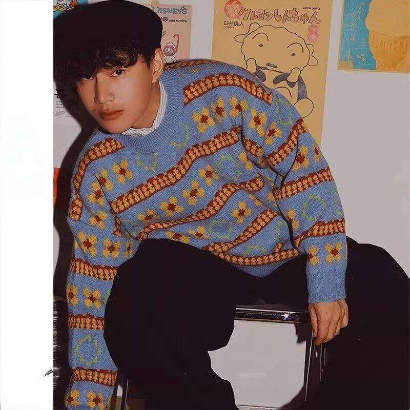 Autumn Winter Japanese Pullover Striped Floral Pattern Long Sleeved Knitted BF Loose Lazy Style Couple Sweater Jacket