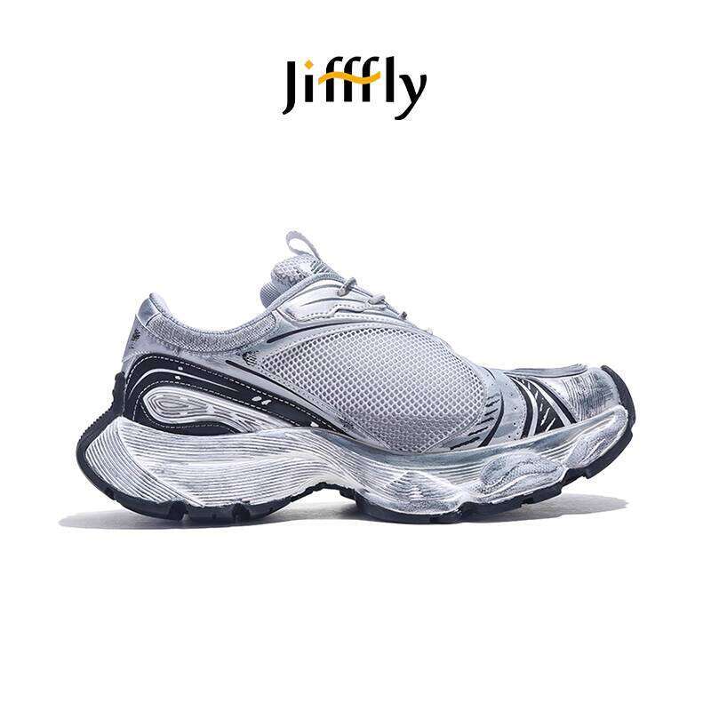 Jiffly Men's Silver Dad Shoes - Retro Sneakers with Thick Sole for Height Boost