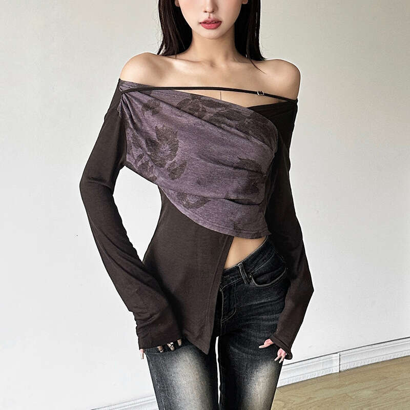 2024 Autumn New Women's Solid Color Slim Street Fashion V-Neck Long Sleeve Printed Top a19