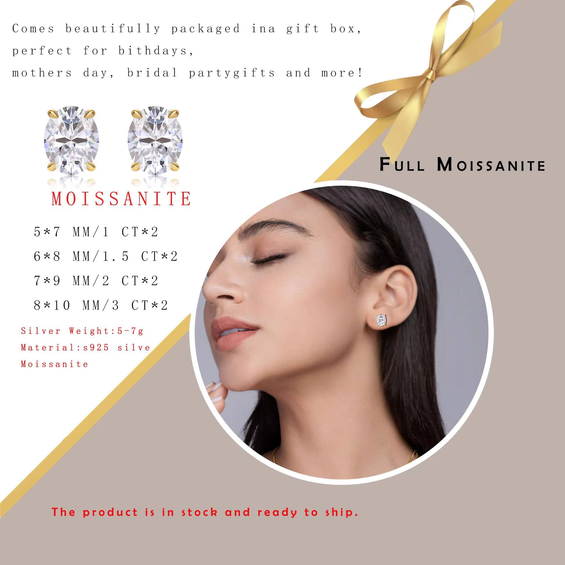 1 1.5 2 3 Carat Moissanite Earrings Oval Cut 925 Sterling Silver 18K Gold Plated Four Prong Design Ladies Stud Earrings