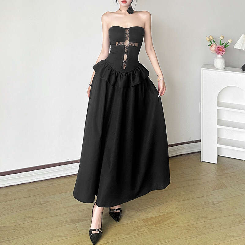2024 Autumn New Women's Solid Color Long Sleeve Cardigan Fashion Strapless Dress Two-Piece Set 2c8