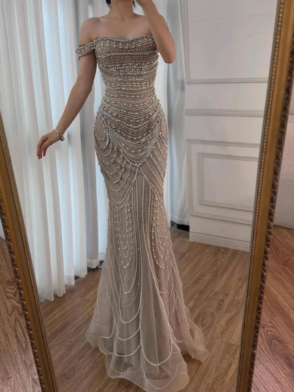 Charming Beading Mermaid Evening Dress Pearls Off Shoulder Sleeveless Prom Gowns Illusion Sweep Train Bridal Dresses Customized