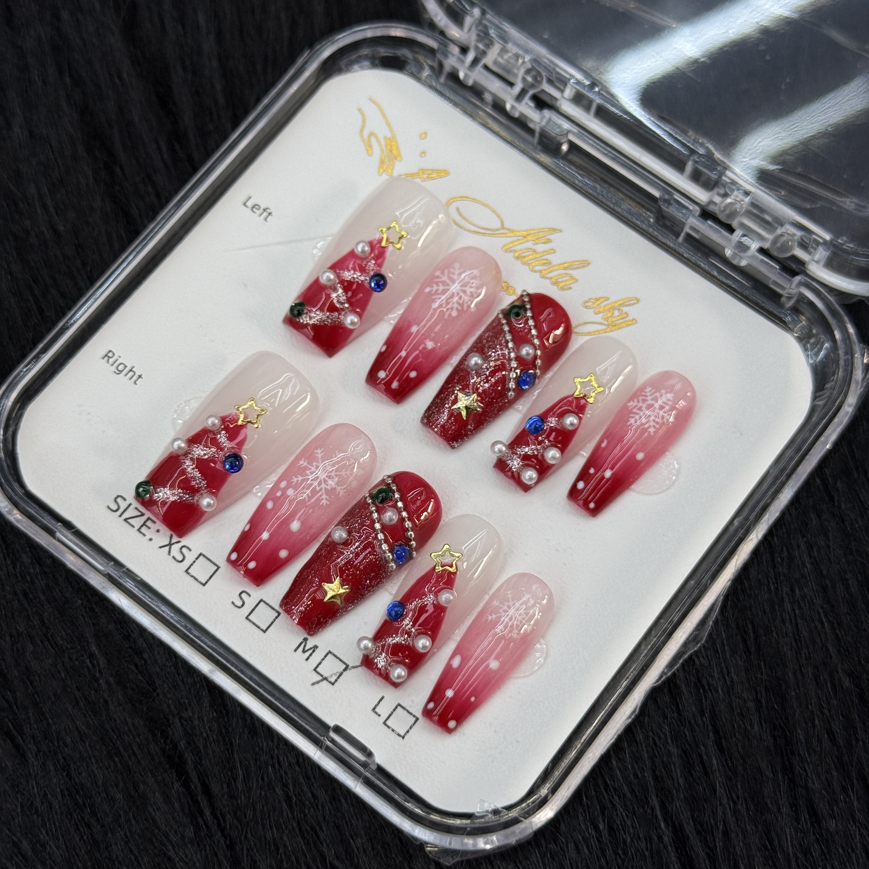 Christmas-themed Gradient Red Rhinestone-accented Press - on Nails