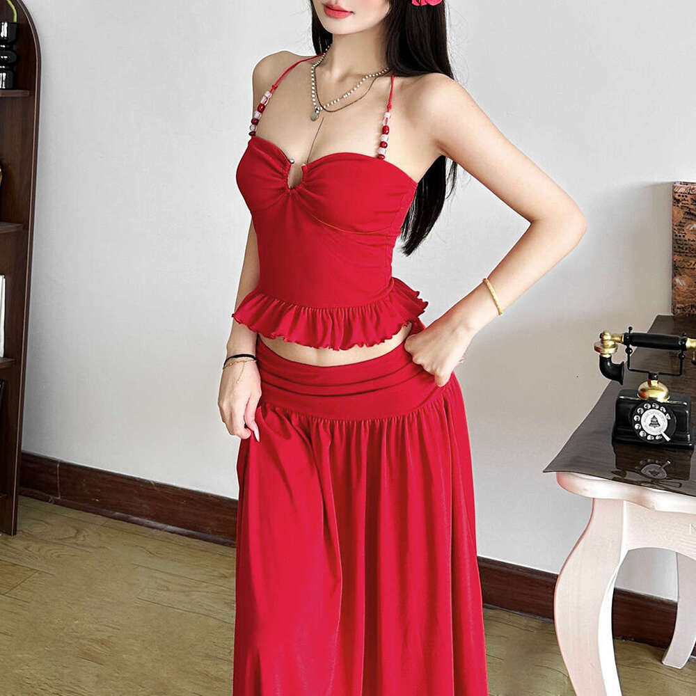 2025 Summer New Beach Vacation Solid Color Waist-Cinching Elegant French Halter Neck Crop Top Slim Fit Set eff