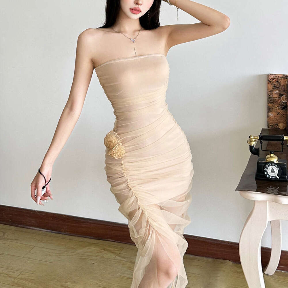 2025 Summer New Three-Dimensional Flower Elegant Sleeveless Slim Fit Mesh Tube Top Dress for Women aaf