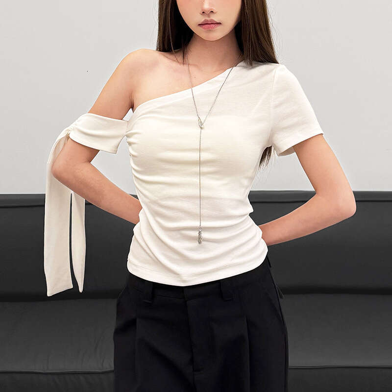 2025 Women's Summer New Solid Color Sexy Asymmetrical Neck Slim Fit Short Sleeve T-Shirt for Women ed2