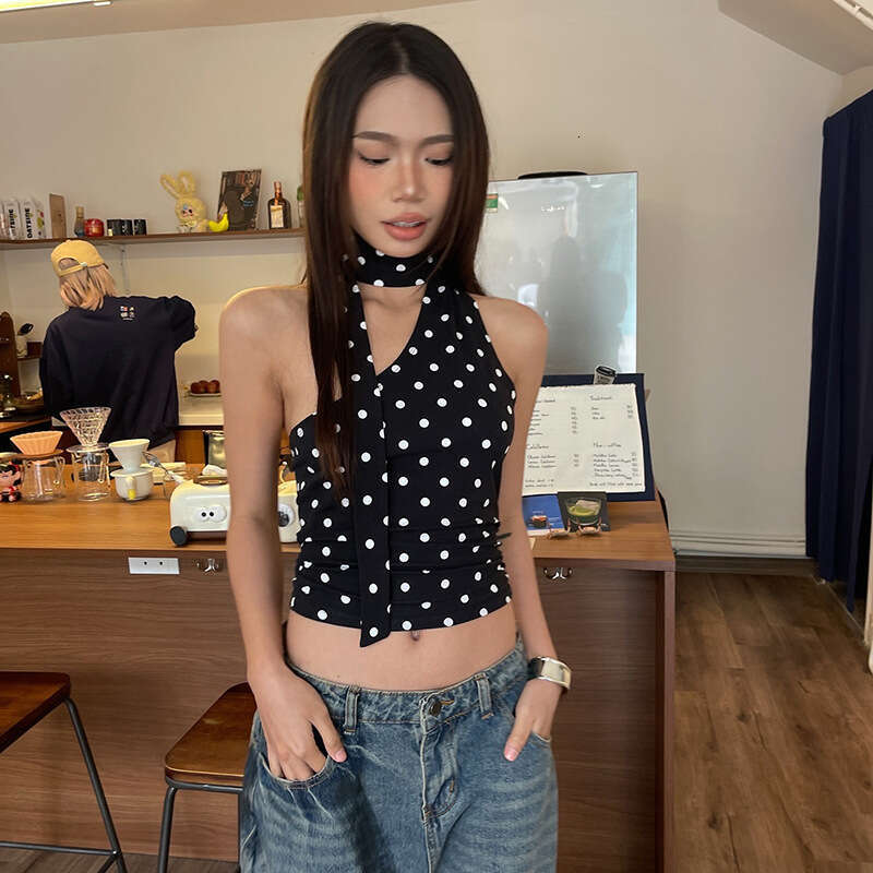 2025 Summer New Elegant Slim Fit Backless Slimming Halter Neck Polka Dot Print Versatile Women's Top d82