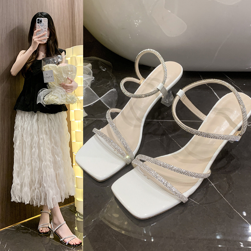 Ddmysports Fengliang Diamond Sandals For Women Summer New French Rhinestone Fashion Chunky Heel Fairy Style High Heels Outdoor Shoes