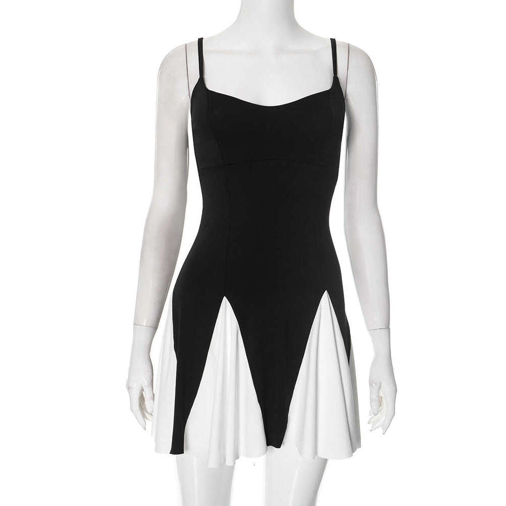 Dds706 Women's Spring Summer New Color-Block Sleeveless One-Shoulder Sexy Strap Spliced Dress B5