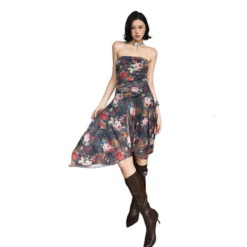 2025 Summer INS Style New Pure Desire High Waist Slim Fit Sleeveless Printed Tube Top Dress d6b