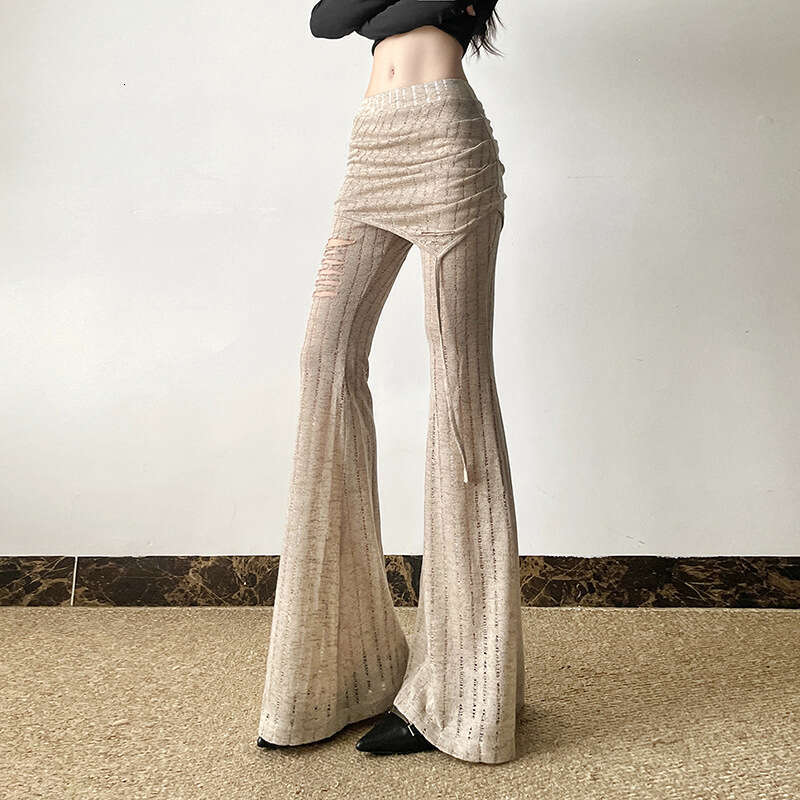 2024 Autumn New Women's Solid Color Slim Street Fashion High Waist Casual Ripped Flared Pants b19